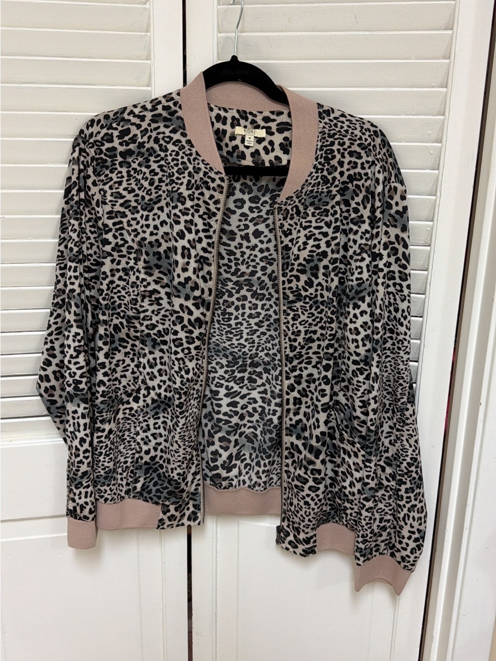 Kori Leopard Print Bomber Jacket in Taupe with Pink Trim